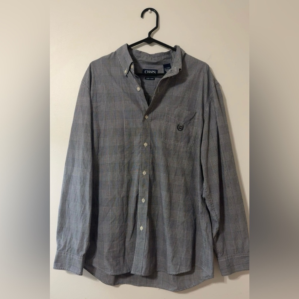 Chaps By Ralph Lauren Men’s XL Easy Care Long Sleeve Gray Grid Button Shirt Top